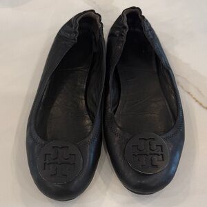 Tory Burch Black Leather Minnie Travel Ballet Flats